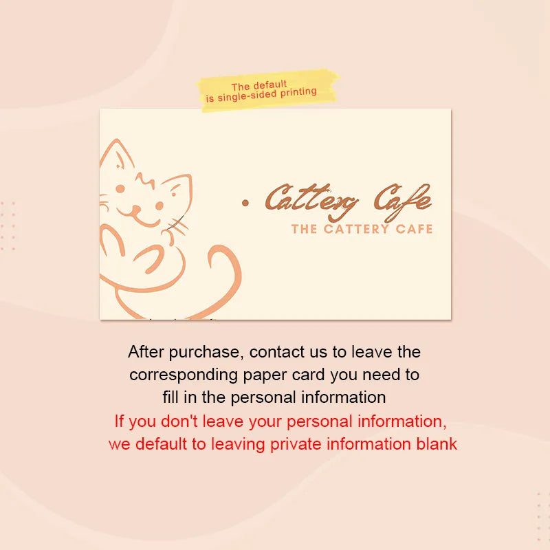 Cattery Cafe single-sided personalized information card design with cute cat illustration