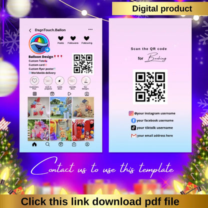 Event Planner Template promoting digital product with QR codes for easy access and contact information on balloon design.