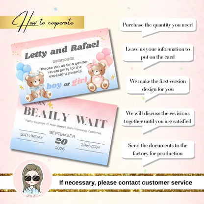 Coed baby shower invitations design showcasing boy or girl themes with instructions on customization and ordering.