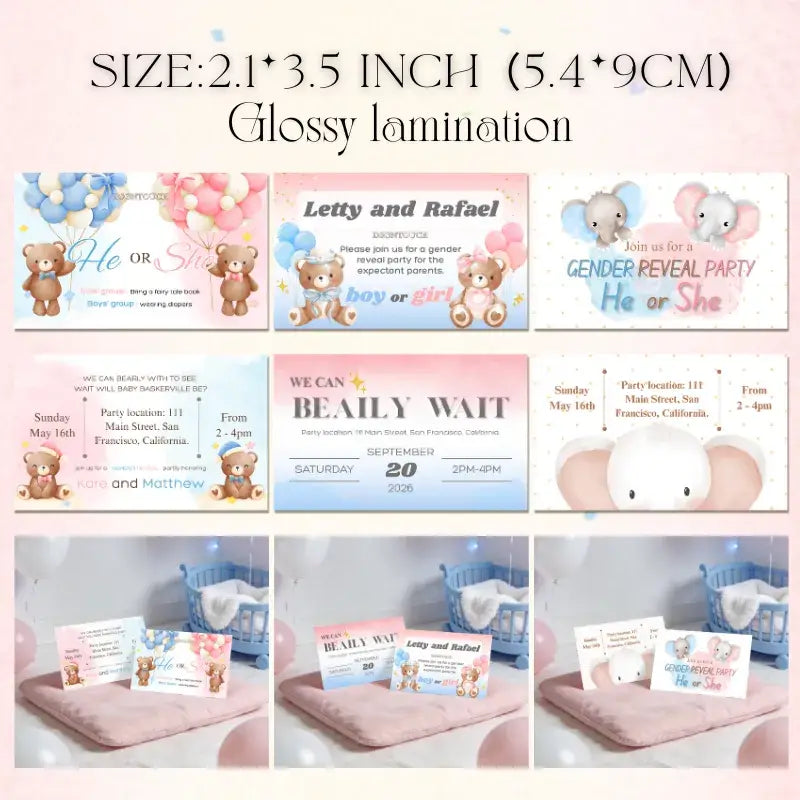 Coed baby shower invitations featuring cute bear and elephant designs, glossy lamination, and various gender reveal styles.