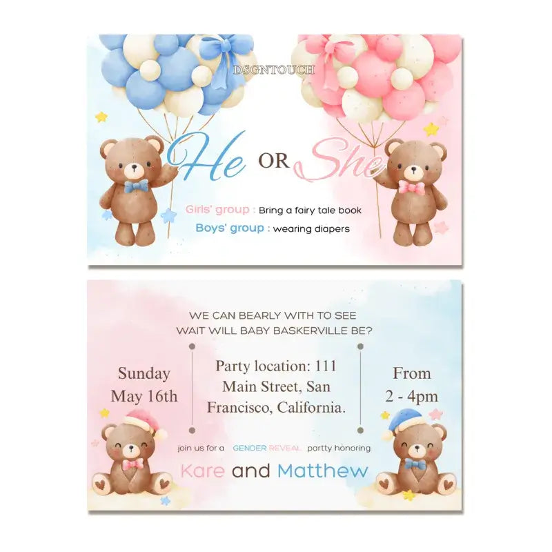 Coed baby shower invitations featuring cute teddy bears and colorful balloons, ready for celebration events.