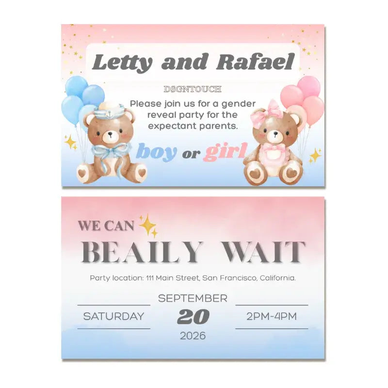 Coed baby shower invitations featuring cute teddy bears with balloons for boy or girl gender reveal party.