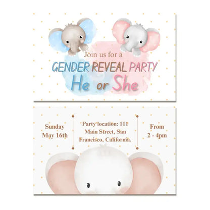 Coed baby shower invitations featuring playful elephants with blue and pink themes for a gender reveal party.