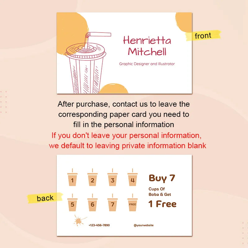 Coffee Stamp Card design featuring a loyalty card front and back with buy 7 cups offer and contact details.