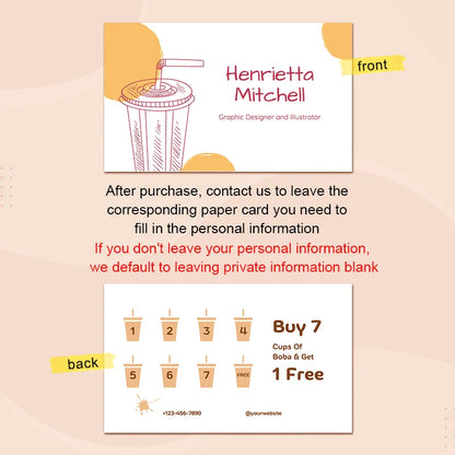 Coffee Stamp Card design featuring a loyalty card front and back with buy 7 cups offer and contact details.
