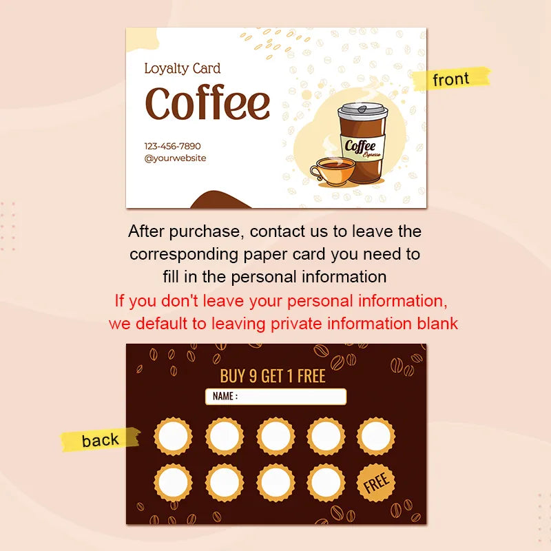 Coffee Stamp Card design featuring buy 9 get 1 free offer and personal information section.