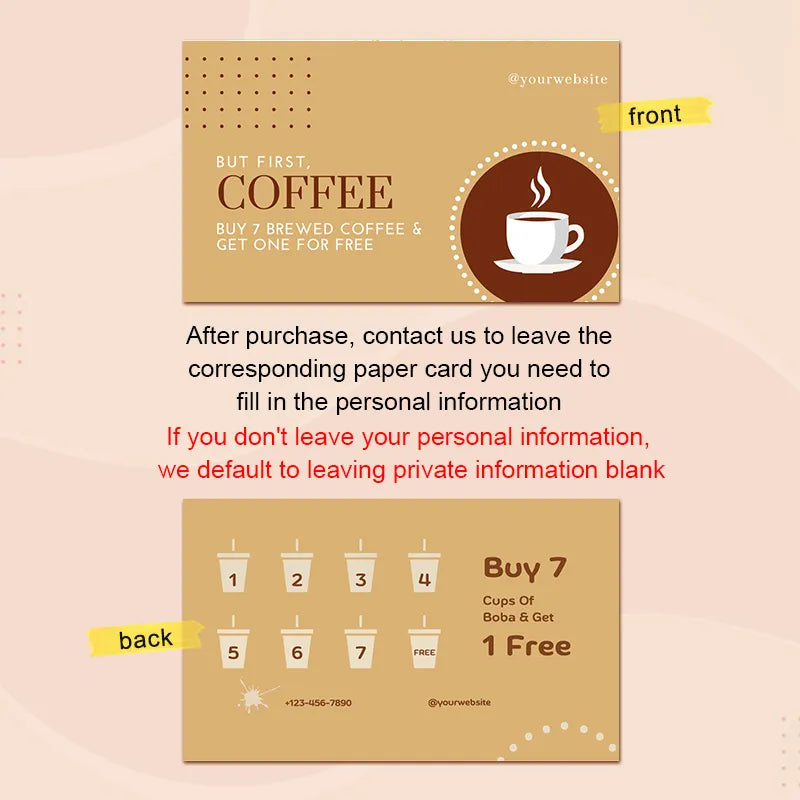 Coffee Stamp Card design featuring front and back details for loyalty program with Brewed Coffee offer.