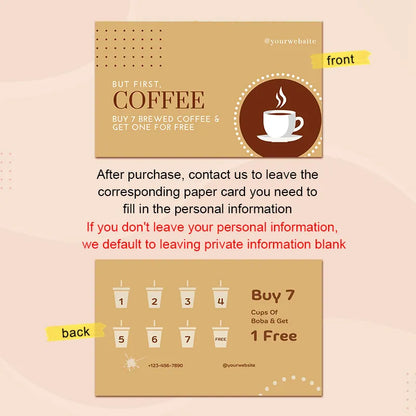 Coffee Stamp Card design featuring front and back details for loyalty program with Brewed Coffee offer.