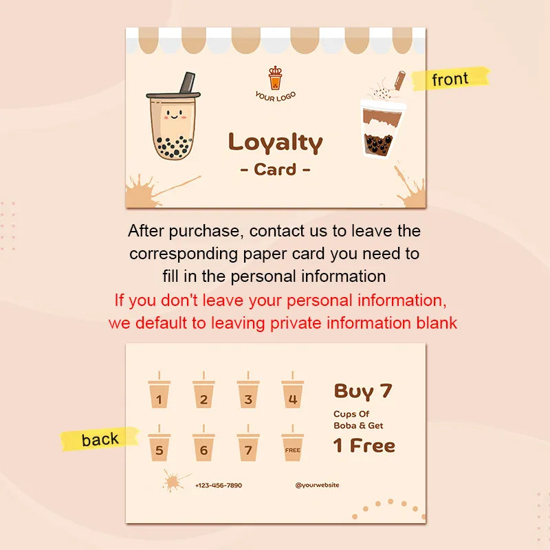 Coffee Stamp Card design featuring front and back of loyalty card for boba drinks, customizable with your logo.