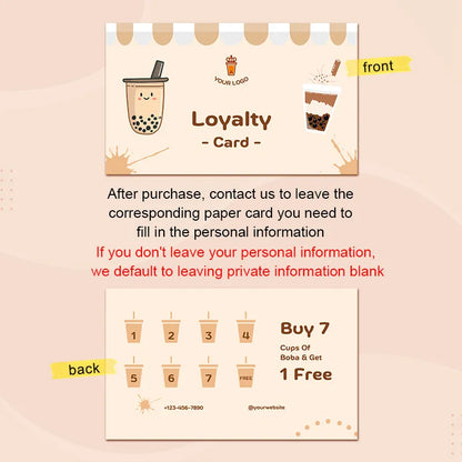 Coffee Stamp Card design featuring front and back of loyalty card for boba drinks, customizable with your logo.