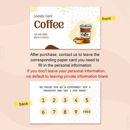 Coffee Stamp Card design featuring loyalty card details and promotional offer on the back.