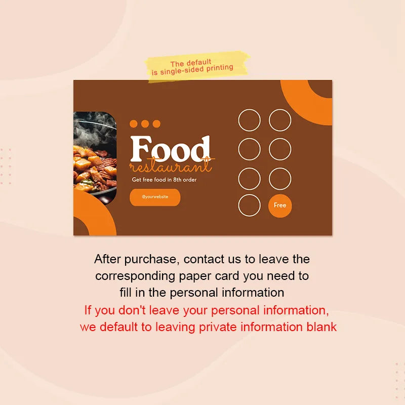 Coffee Stamp Card design for a restaurant loyalty program featuring dish images and instructions for personal information.