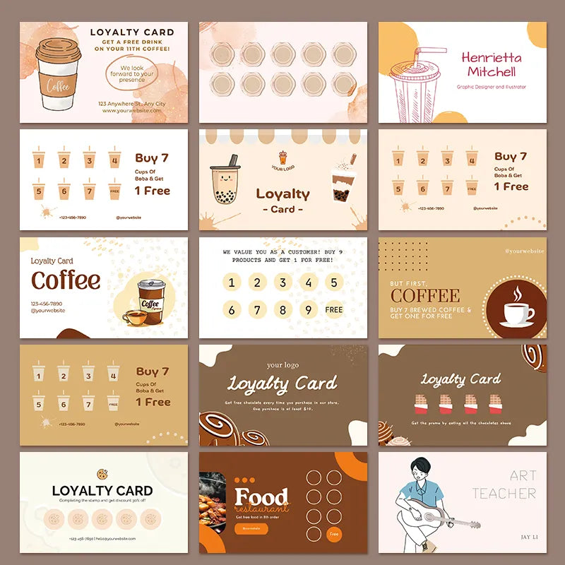 Coffee Stamp Card design showcasing various loyalty card templates for coffee purchases and promotions.