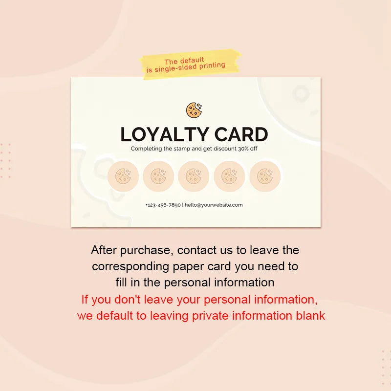 Coffee Stamp Card design showing a loyalty card with stamp spaces, contact info, and instructions for personal details.