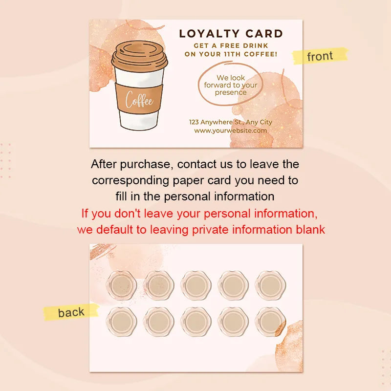 Coffee Stamp Card loyalty card design with free drink offer and instructions on the front and back.