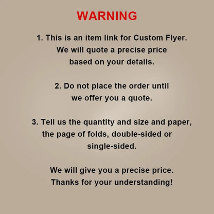WARNING notice for Custom Flyer pricing and order instructions from DsgnTouch Custom Trifold Brochure.