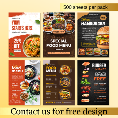 Custom Restaurant Flyer featuring various menu designs and promotions for effective business marketing.
