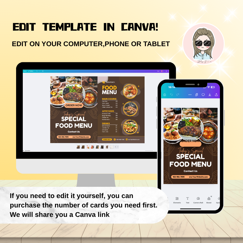 Custom Restaurant Flyer showcasing an editable food menu template in Canva, available for computer, phone, or tablet use.