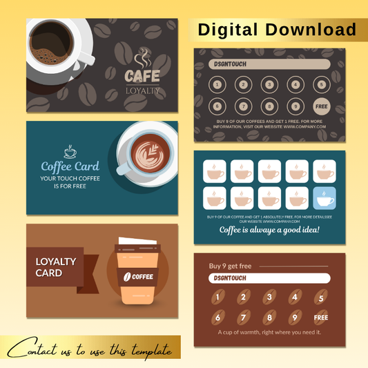 Custom loyalty card coffee designs featuring varied styles for coffee rewards and promotions.