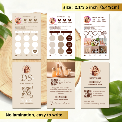 Custom punch cards design showcasing loyalty rewards and social media QR codes, size 2.1x3.5 inch.