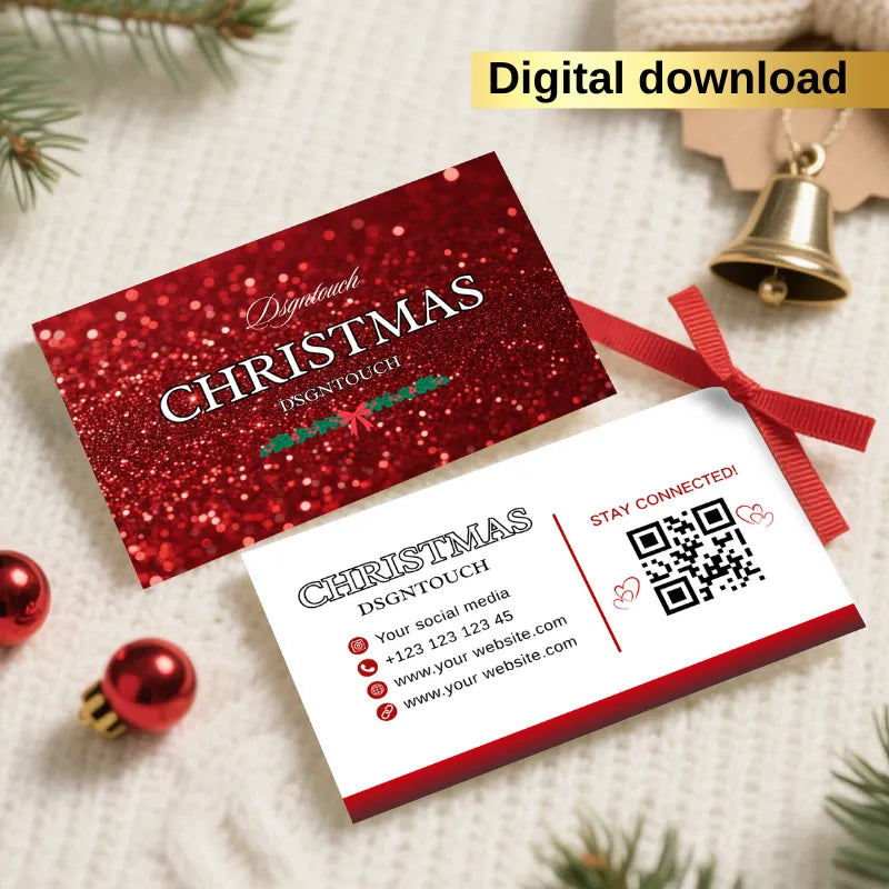 Burgundy Christmas business card design featuring elegant red background, editable QR code, and contact details.