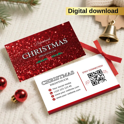 Burgundy Christmas business card design featuring elegant red background, editable QR code, and contact details.