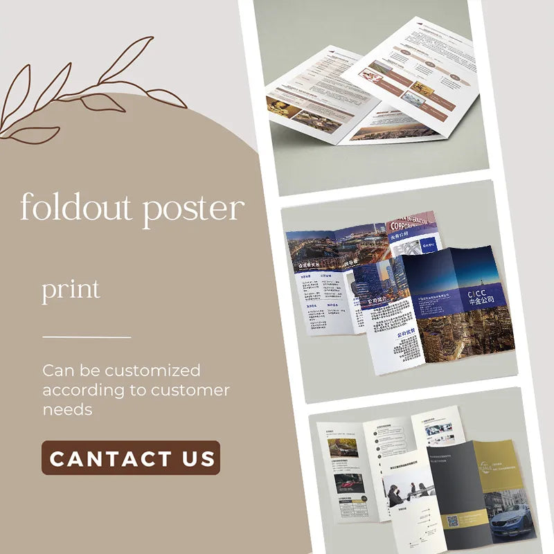 Foldout poster printing service featuring customizable designs, showcasing various printed brochure examples.