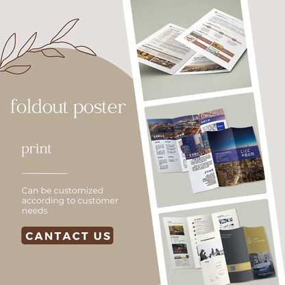 Foldout poster printing service featuring customizable designs, showcasing various printed brochure examples.