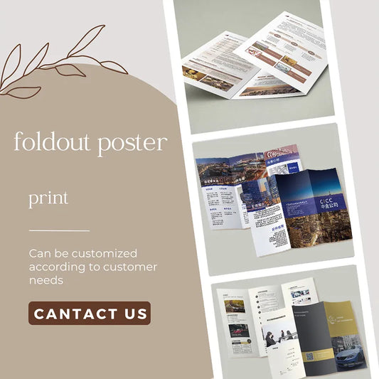 Foldout poster printing service featuring customizable designs, showcasing various printed brochure examples.