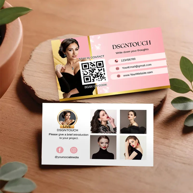 French Style Business Cards wtith Free Typesetting Service by DSGNTOUCH displayed on a wooden table with photos and contact details.