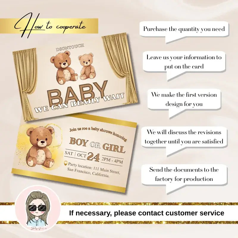 DIY Baby Shower Invitations details showing process to customize and print baby shower cards, featuring bear design on 300g gloss paper.
