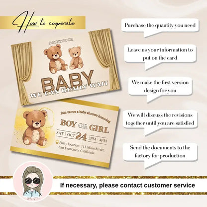 DIY Baby Shower Invitations details showing process to customize and print baby shower cards, featuring bear design on 300g gloss paper.