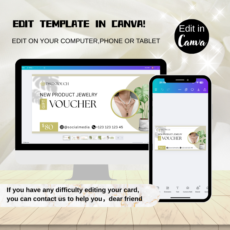 DSGNTOUCH editable jewelry voucher template open in Canva on a mobile phone, showing social media handle and instructions
