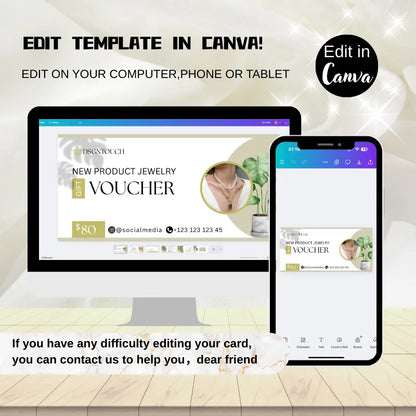 Jewelry gift certificate template displayed on computer and phone screens, editable in Canva.