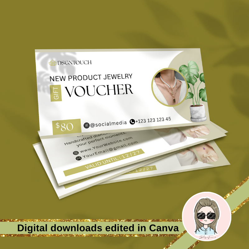 A clean and modern DSGNTOUCH $80 jewelry voucher template with validity date and contact info