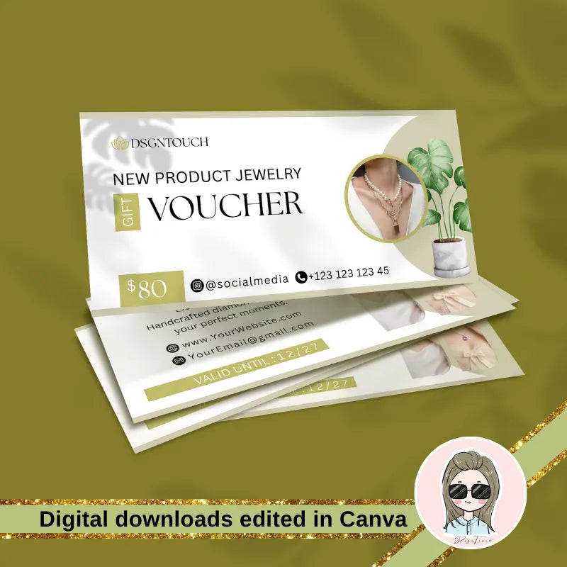 Jewelry gift certificate template showcasing an $80 gift voucher designed for luxury brands, editable in Canva.
