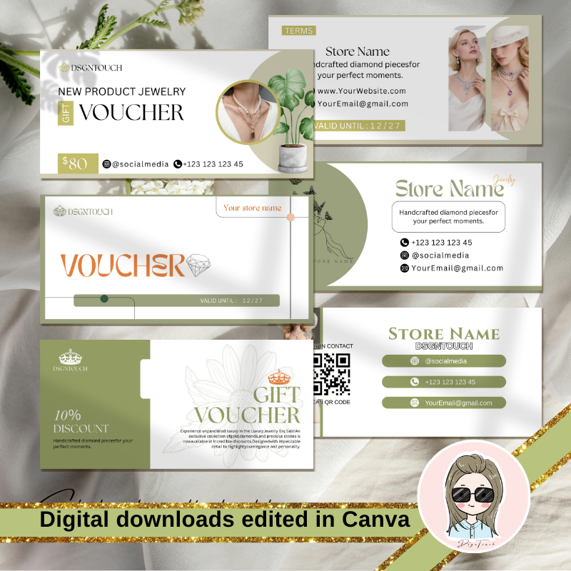 The main DSGNTOUCH luxury jewelry gift voucher design with $80 value, website, and email details