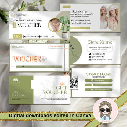 The main DSGNTOUCH luxury jewelry gift voucher design with $80 value, website, and email details