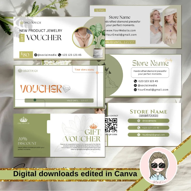 Jewelry Gift Certificate Template displayed with various designs and details, editable in Canva.