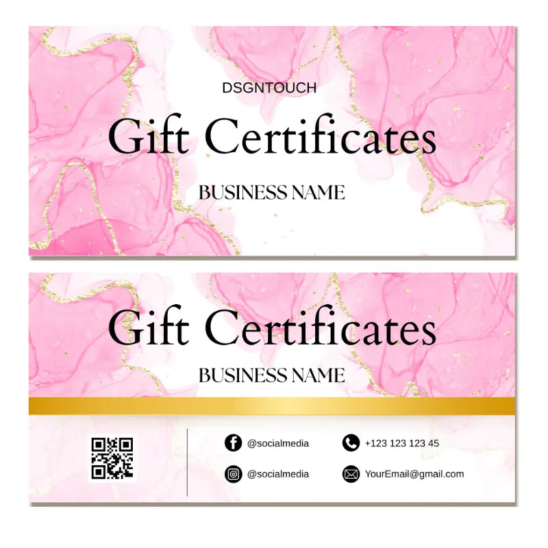 Printable gift certificate template featuring elegant pink design and business information sections.