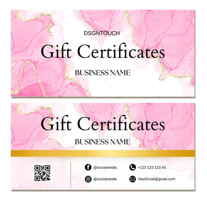 Printable gift certificate template featuring elegant pink design and business information sections.