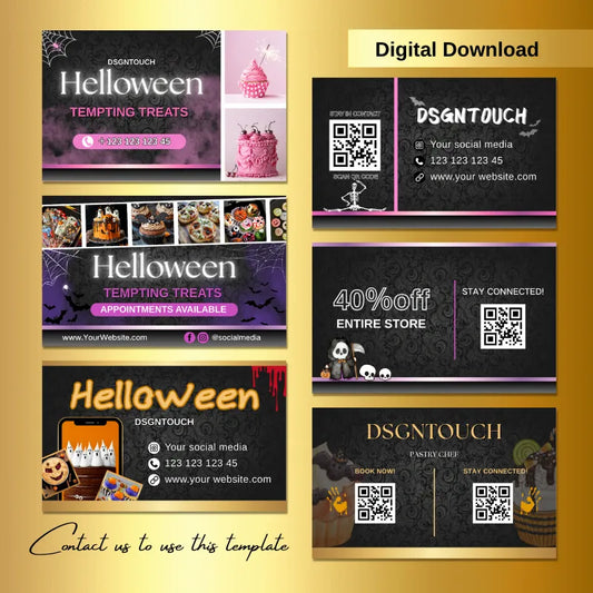 Editable Halloween Bakery Cards Digital Download for Canva showcasing spooky business card designs.