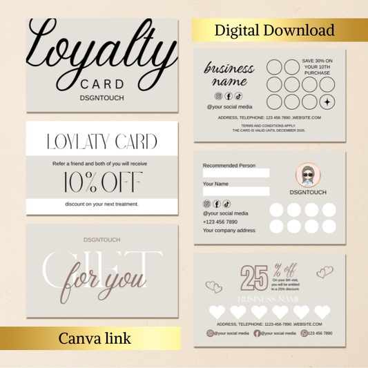 Digital Punch Card Loyalty Program template showcasing editable loyalty cards and discount offers.