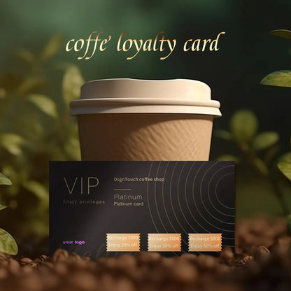 DsgnTouch Coffee Stamp Card design featuring a loyalty card and coffee cup, showcasing VIP privileges for customers.