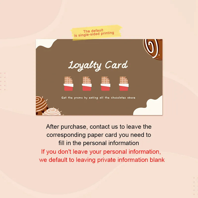 DsgnTouch Coffee Stamp Card showing loyalty rewards with chocolate graphics and instructions for filling personal information