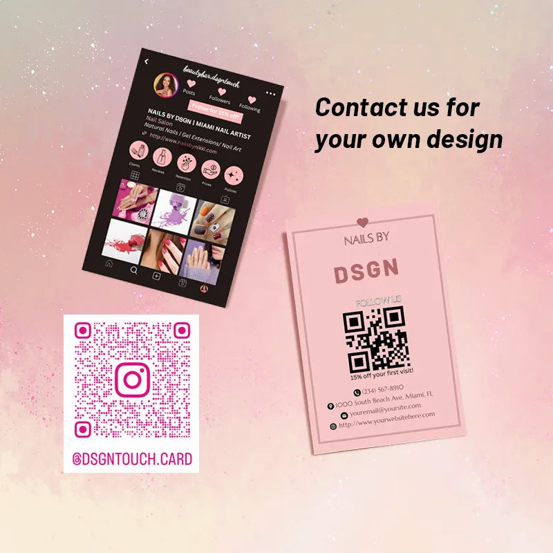 DsgnTouch Instagram Nail Card for Nail Salon with design contact details and QR codes.