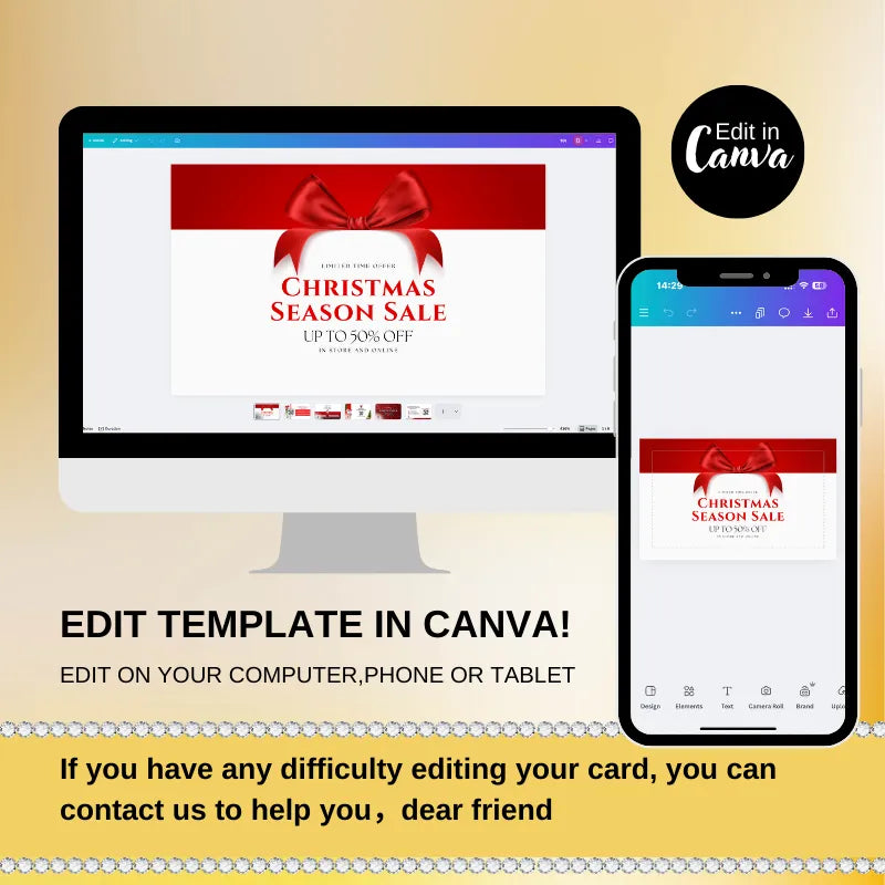 Burgundy Christmas business card template editable in Canva for holiday promotions and sales.