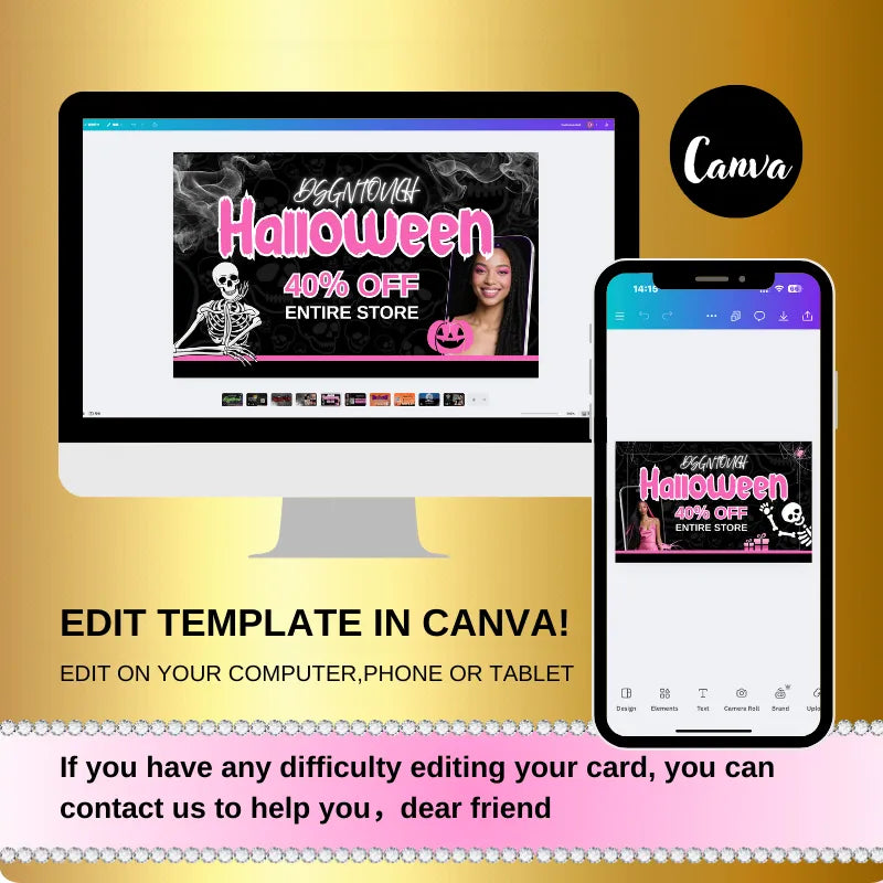 Editable Halloween business card template for salons showcased on computer and phone screens.