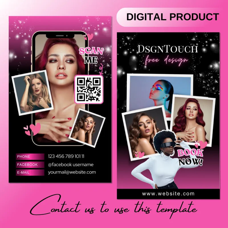 Black pink gradient business card template for beauty branding with images and contact info