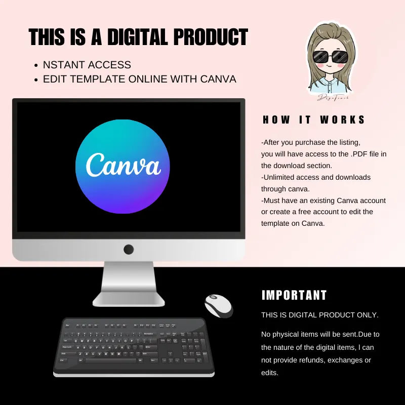 Digital product guide for Canva templates, showcasing access instructions and editing details on a computer screen.